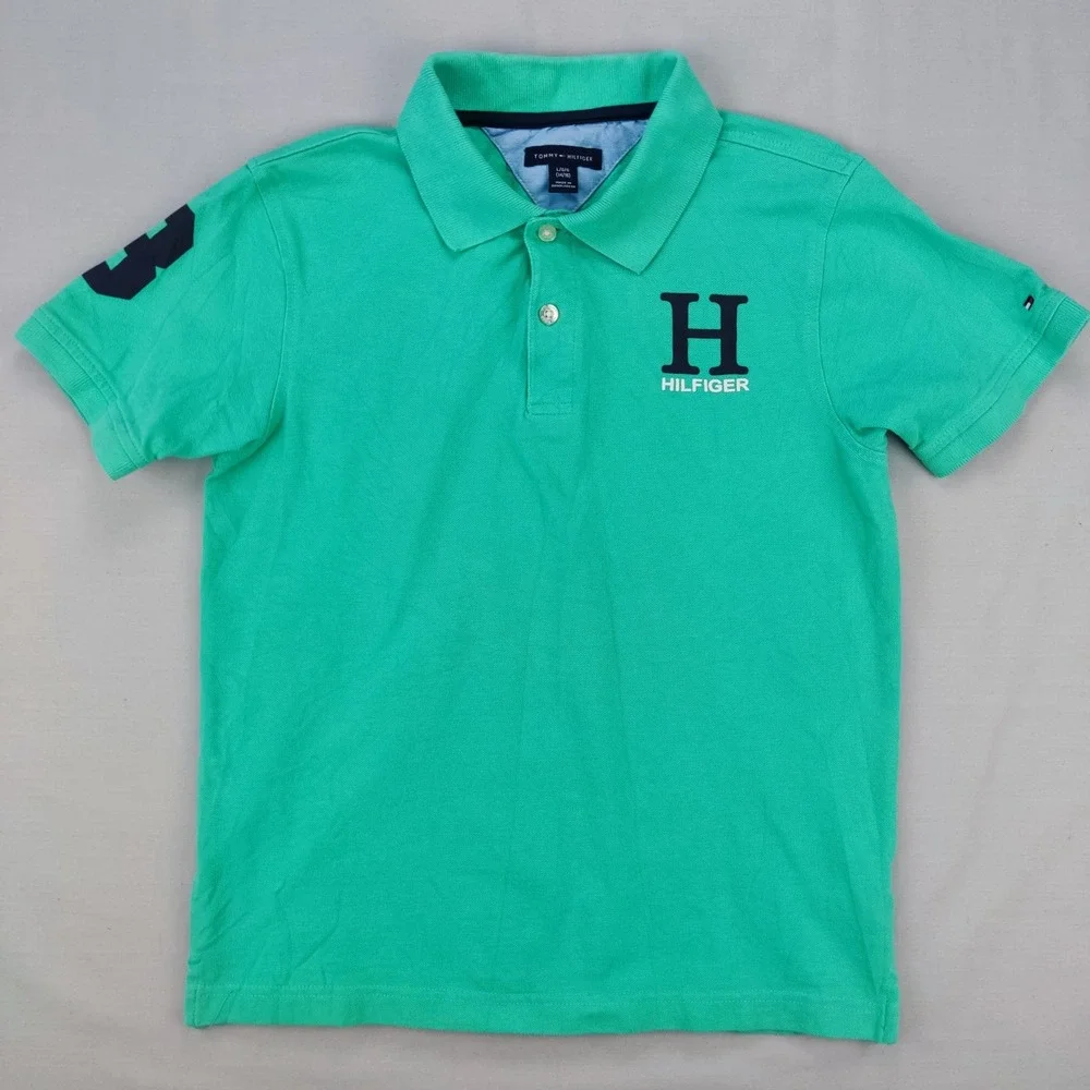 Tommy Hilfiger Polo Shirt Boys L 14/16 Green H Logo Short Sleeve Pique Patch 8